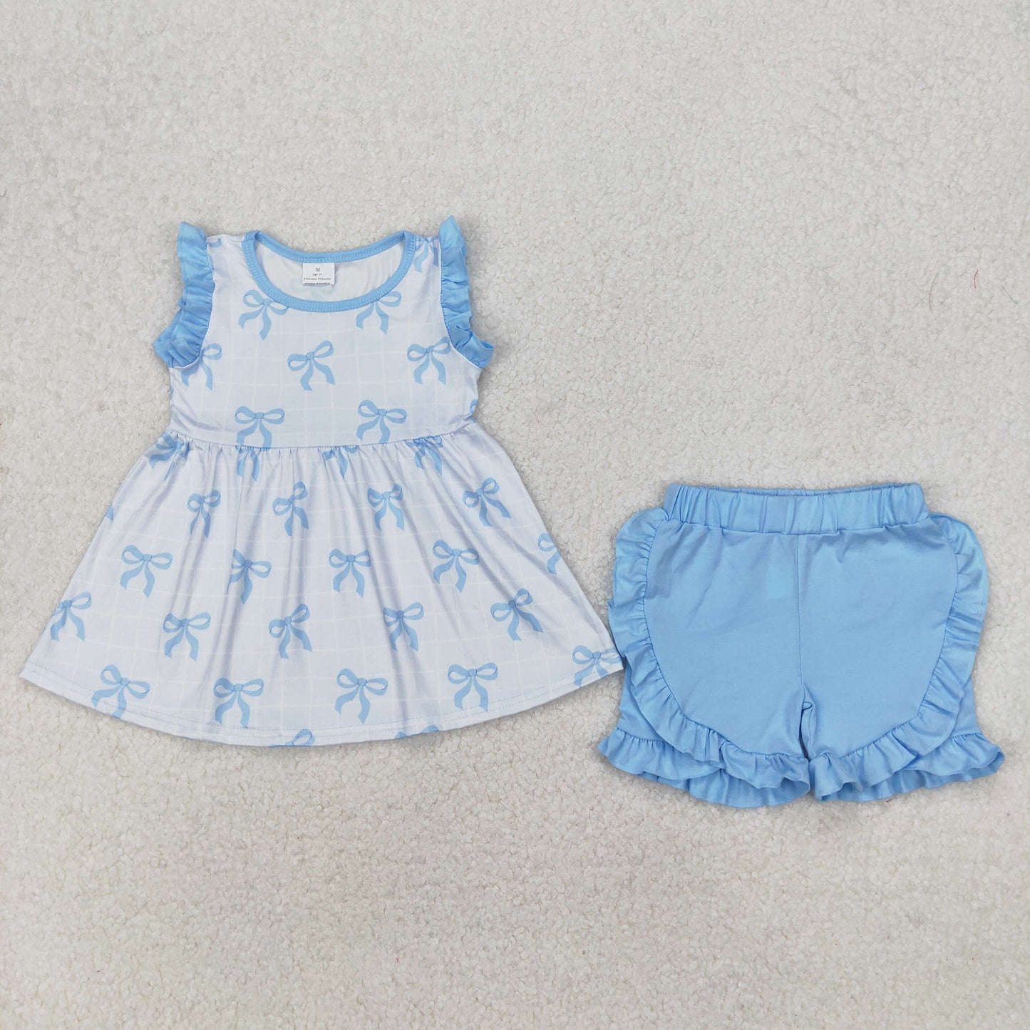 Baby Girls Blue Plaid Sleeveless Bows Tunic Ruffle Short Set