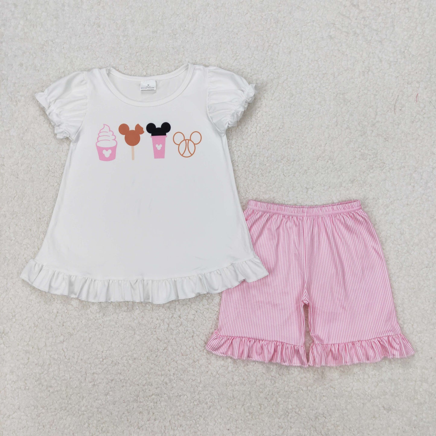 Baby Girls White Short Ruffle Sleeves Cartoon Mouses Tunic Pink Ruffle Shorts Set