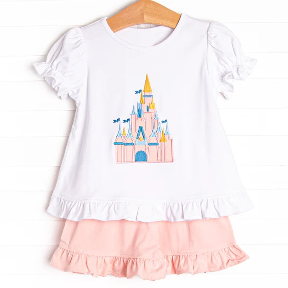 Baby Girls White Short Ruffle Sleeves Cartoon Castle Tunic Peach Ruffle Shorts Set Preorder
