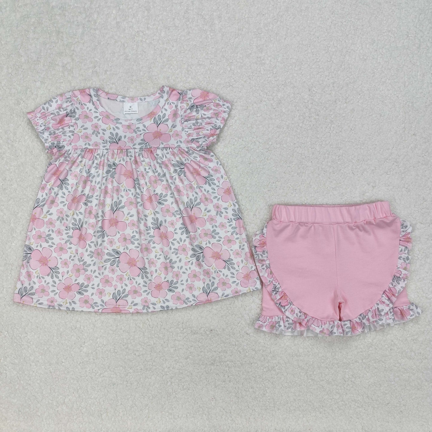 Baby Girls Pink Short Ruffle Sleeves Floral Tunic Short Set
