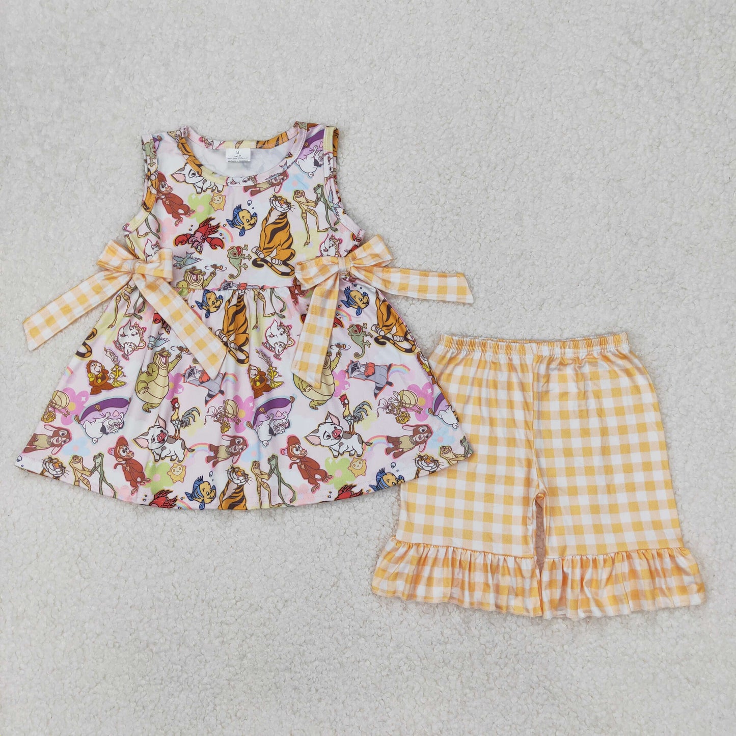 Baby Girls Sleeves Yellow Plaid Cartoon Animals Bows Tunic Short Set
