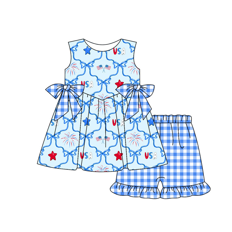 Baby Girls Blue Sleeveless Plaid Bowa Stars Tunic Aqua Ruffle Short 4th Of July Set Preorder