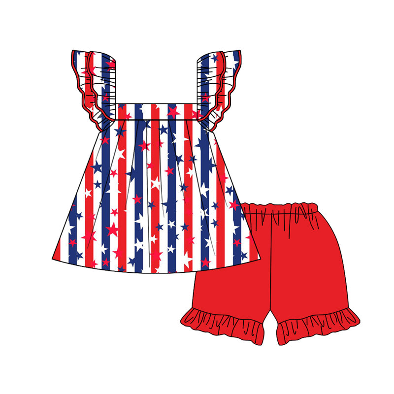 Baby Girls Red Blue Stripe Flutter Sleeves Stars Tunic Ruffle Short 4th Of July Set Preorder