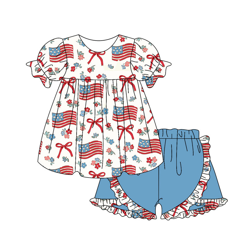 Baby Girls Short Sleeves Red Bows Flags Tunic Blue Short 4th Of July Set Preorder