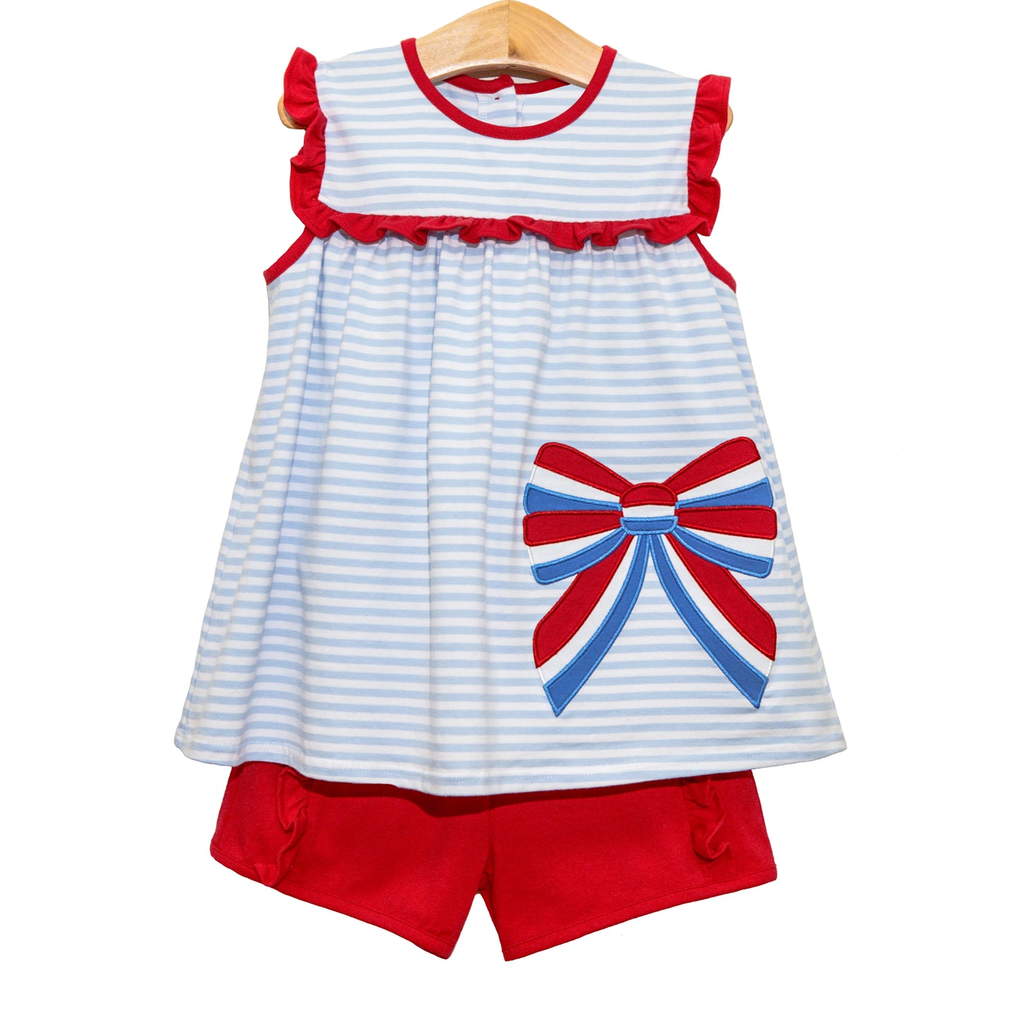 Baby Girls Red Ruffle Sleeveless Blue Bow Stripe Tunic Short 4th Of July Set Preorder