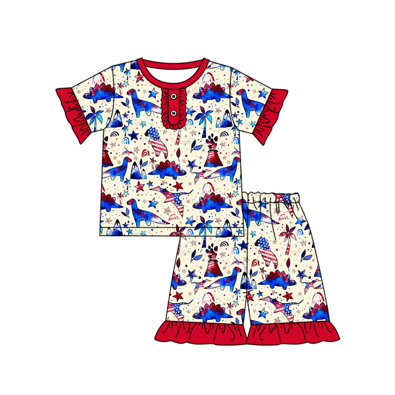 Baby Girls Short Ruffle Sleeves Button Down Blue Dinosaurs Stars Top Short 4th Of July Pajamas Set Preorder