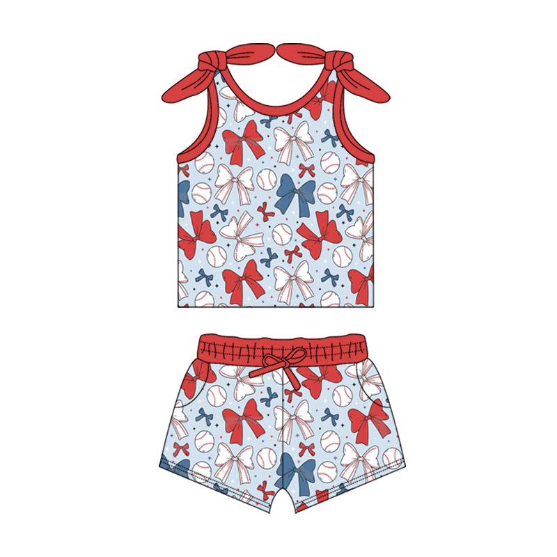 Baby Girls Red Strap Bows Baseballs Top Pockets Short 4th Of July Set Preorder