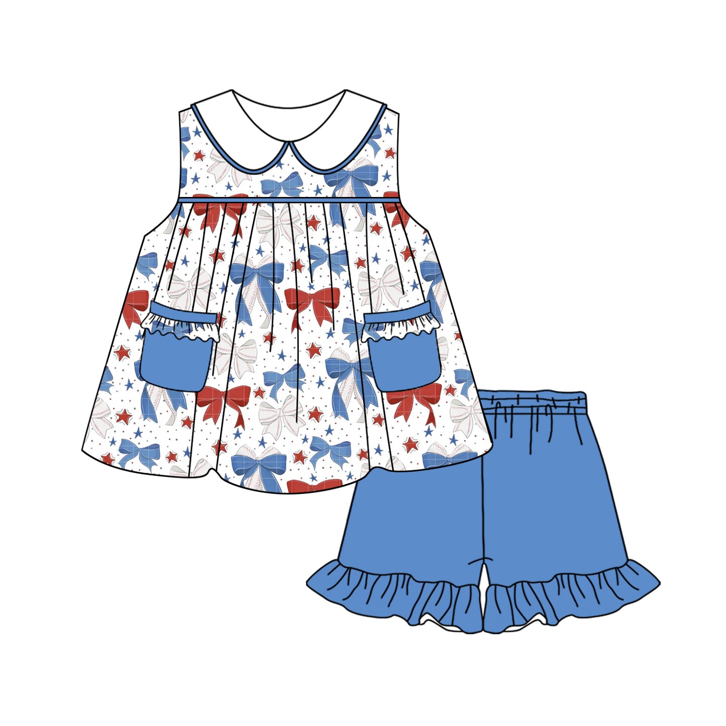 Baby Girls Sleeveless Blue Red Bows Pockets Tunic Ruffle Short 4th Of July Set Preorder