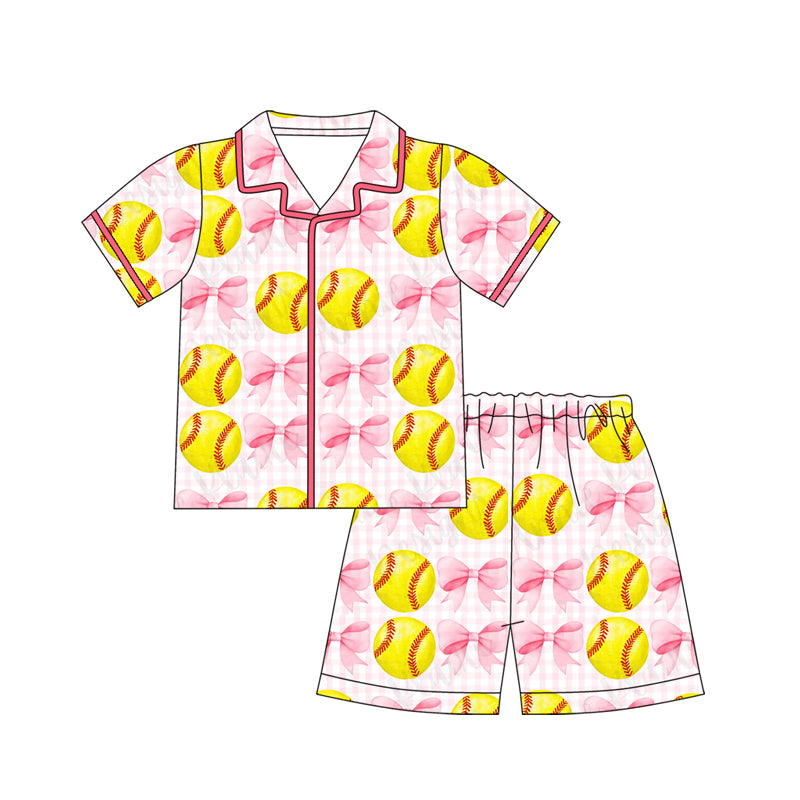 GSSO3014 Baby Girls Softball Bow Pink Buttons Shorts Pajama Set Preorder