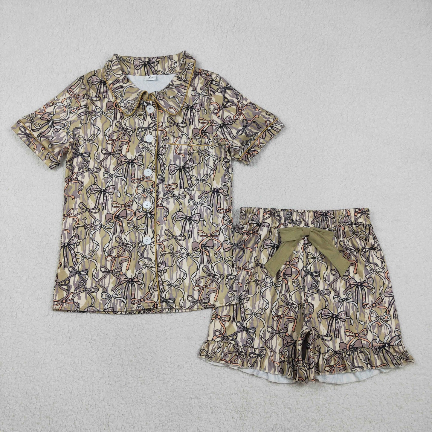 Mommy and Me Camo Bow Button Down Top With Shorts Pajama Set