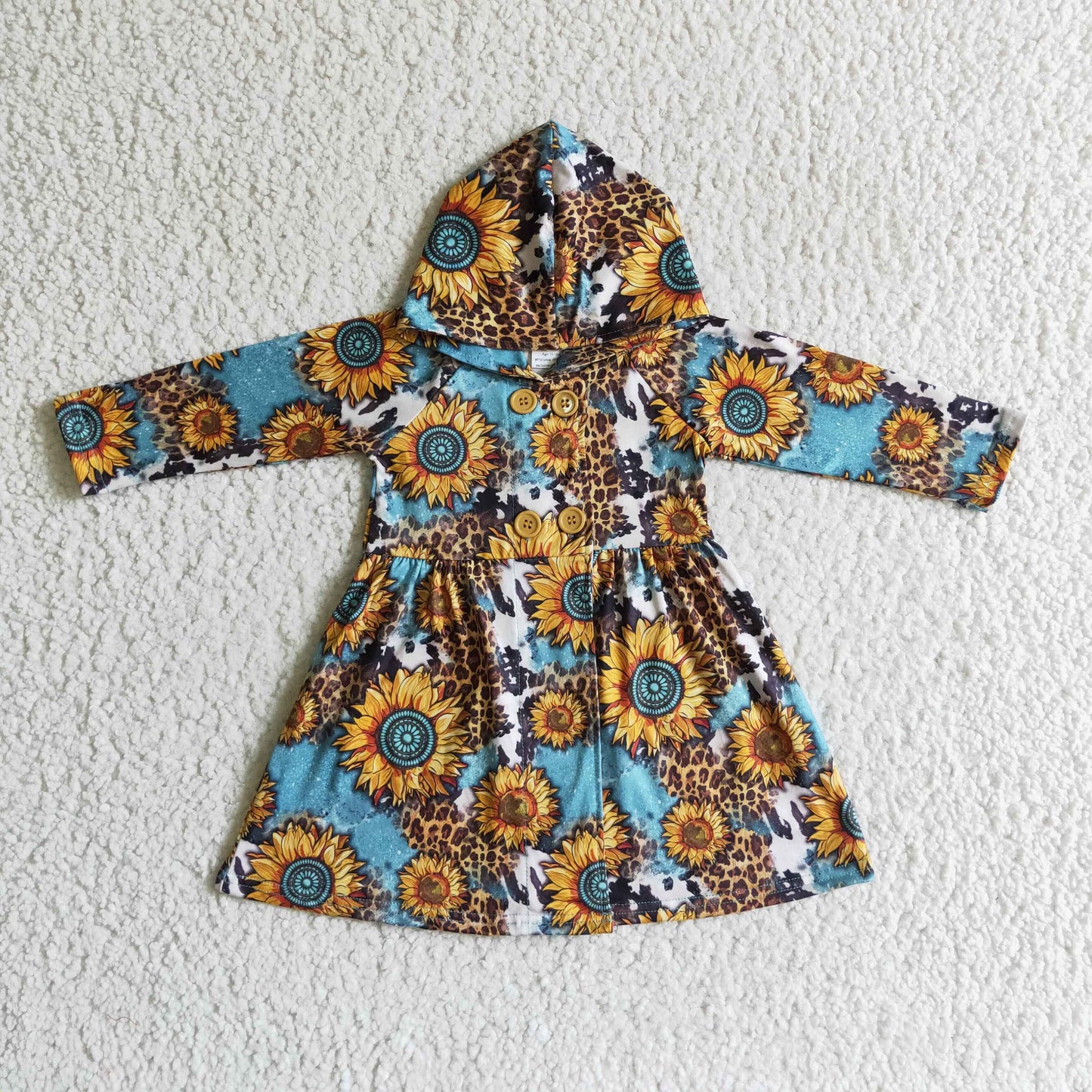 GT0028Baby Girls Western Sunflowers Leopard Print Hooded Dress