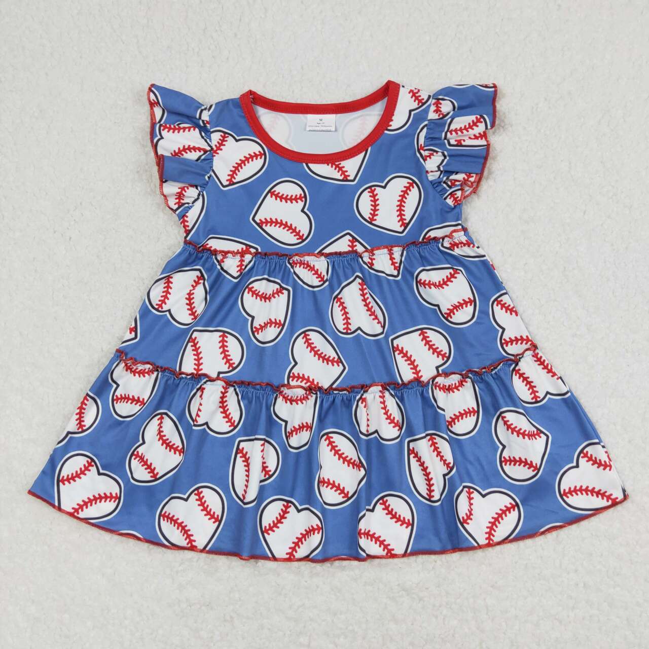 Baby Girls Blue Flutter Sleeves Hearts Baseballs Valentines Patchwork Shirts Top