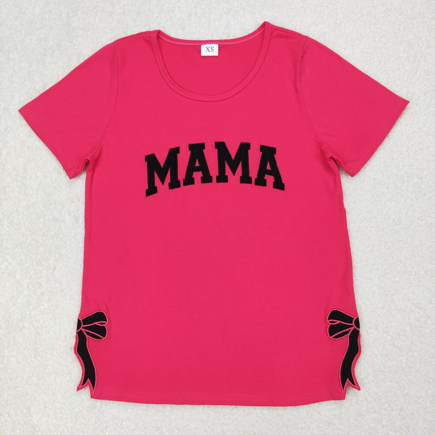 Adult Women Hot Pink Short Sleeves Embroidery MAMA Bows Shirts Top
