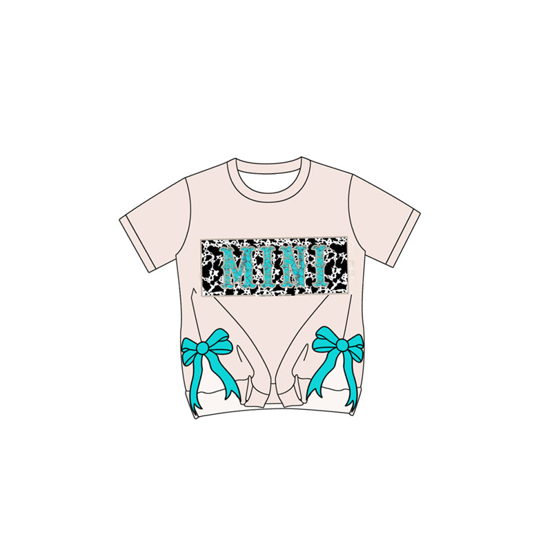 Baby Girls Peach Short Sleeves Cow Camo Blue MINI Print Top Bows Shirts Preorder