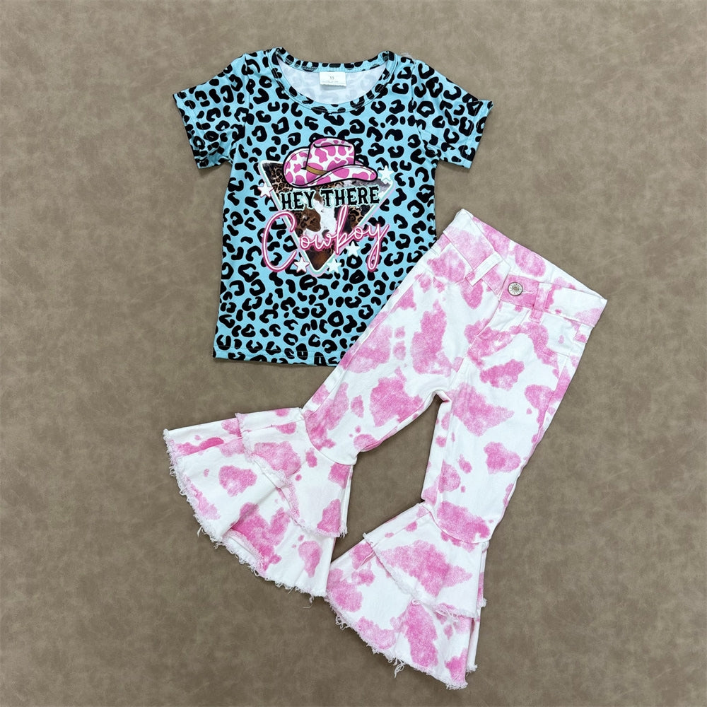 Western Baby Girls Leoaprd Top Bell Bottom Denim Pants Outfit