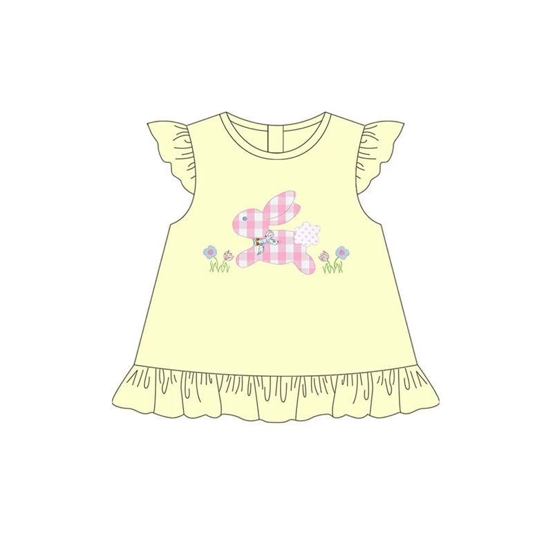 Baby Girls Yellow Flutter Sleeves Bunny Flowers Ruffle Shirts Top Preorder