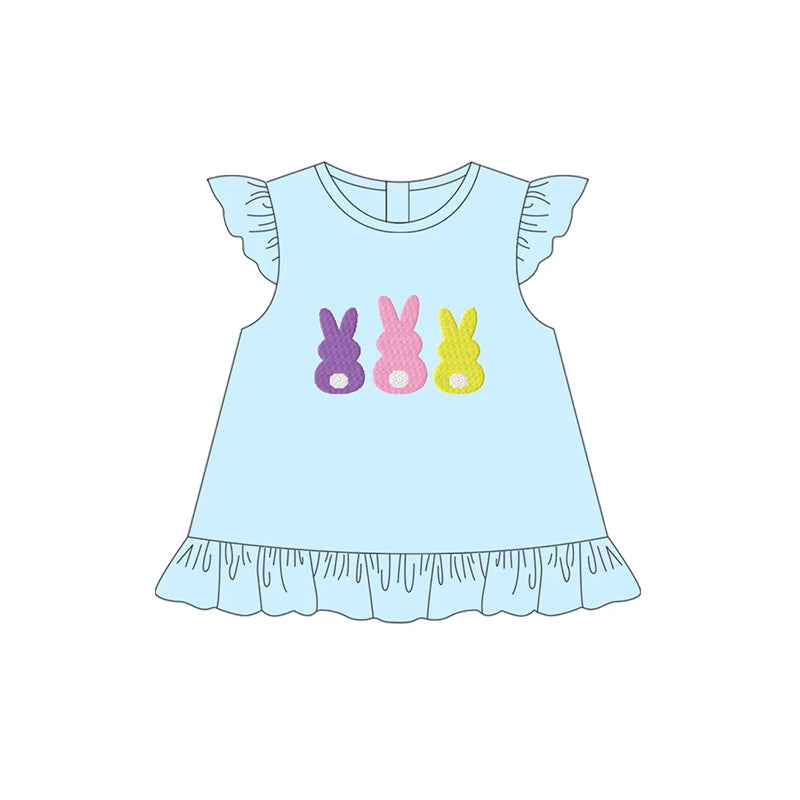 Baby Girls Blue Flutter Sleeves Colorful Bunny Ruffle Shirts Top Preorder