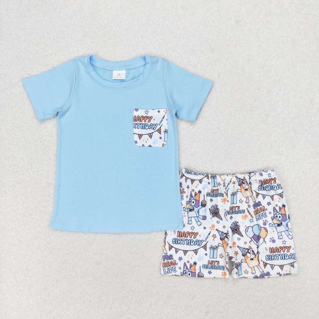 Baby Boys Summer Happy Birthday Cartoon Blue Dog Shorts Set