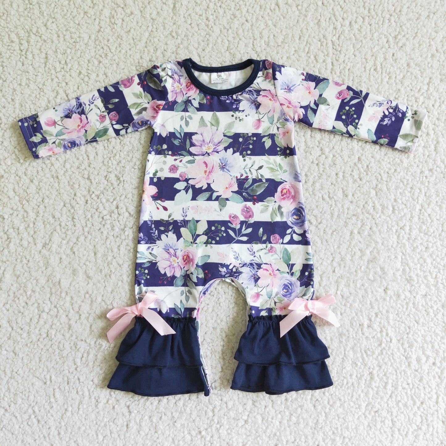Baby GIrls Floral Purple Striped Long Sleeve Romper On Sale