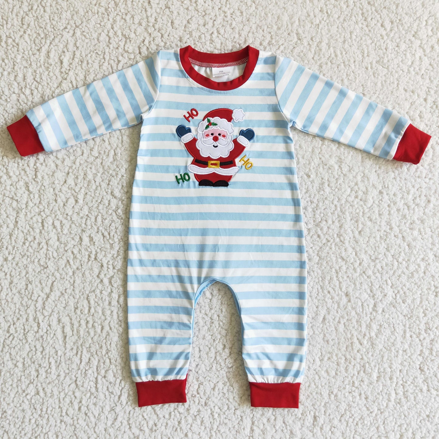 Baby Sibling Christmas Cute Embroidery Santa Blue Striped Outfit and Romper