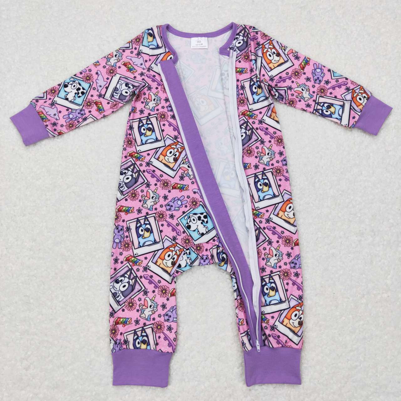 Baby Kids Purple Long Sleeves Flowers Cartoon Blue Dogs Zipper Rompers