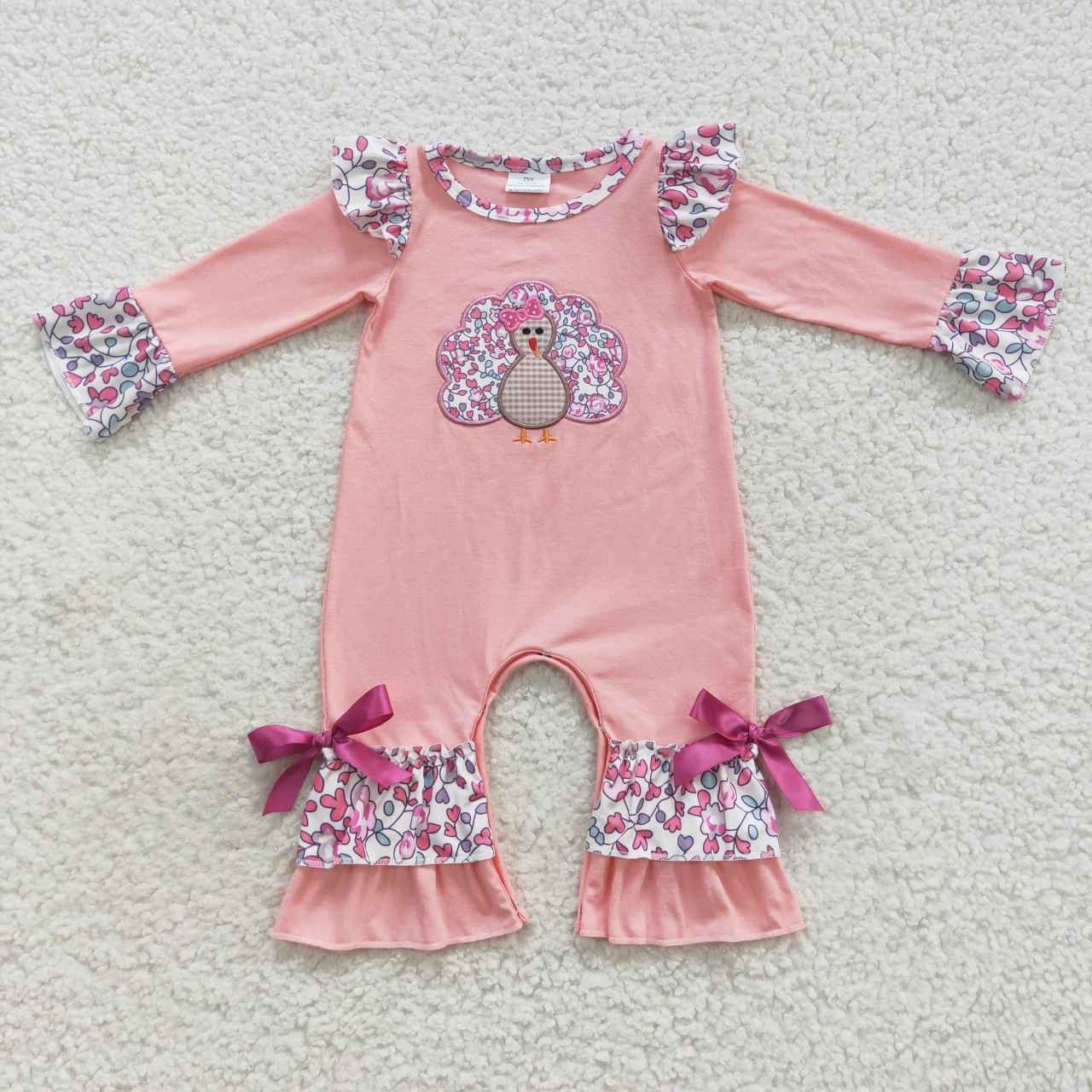LR0358 Newborn Baby Girls Thanksgiving Embroidery Turkey Pink Romper