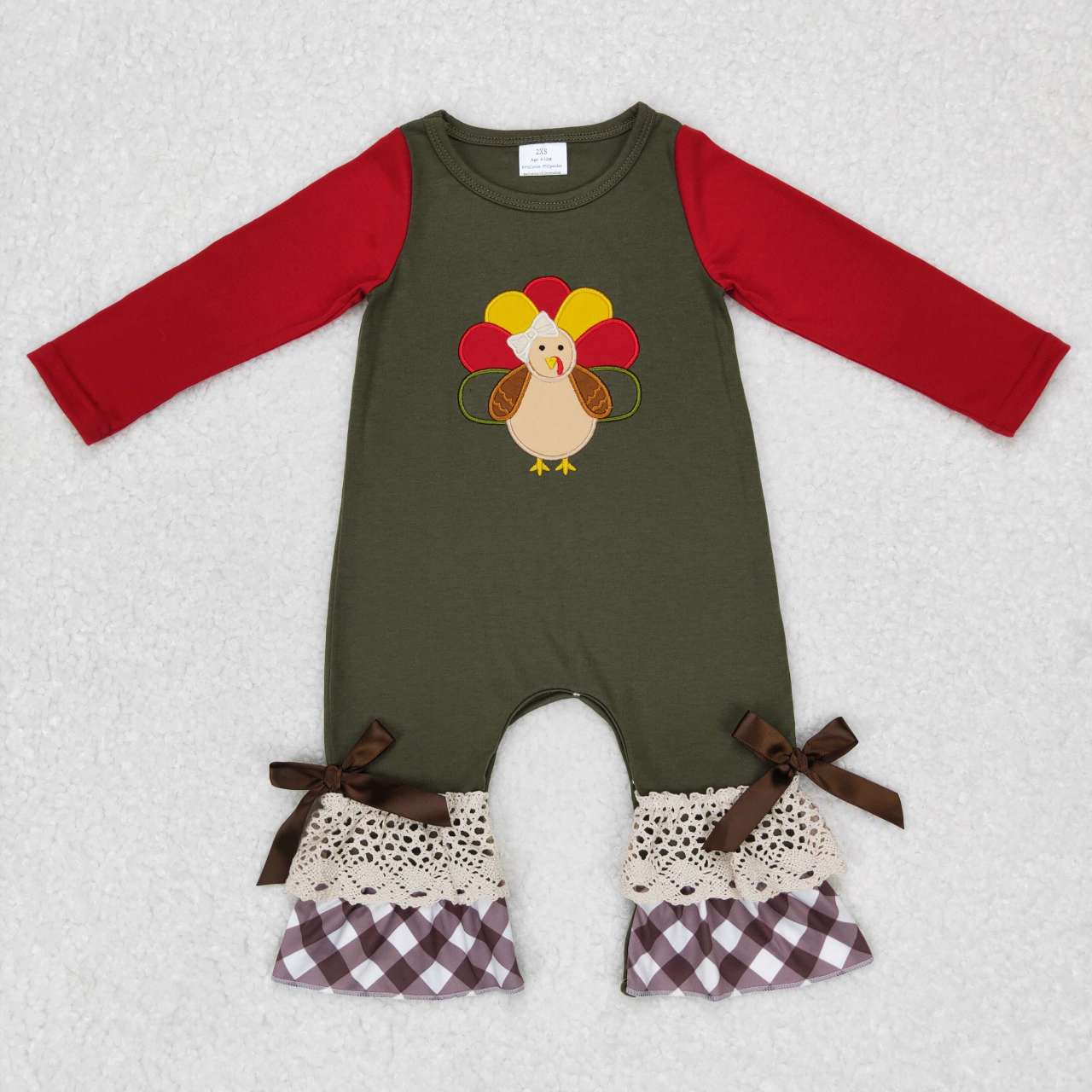 LR0666 Baby Girls Thanksgiving Embroidery Turkey Romper