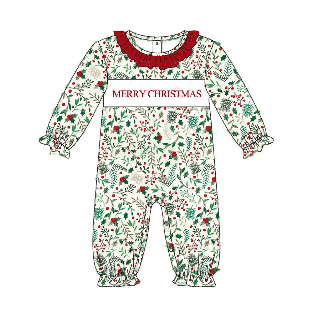 Baby Girls Merry Christmas Holly Long Sleeve Romper Preorder