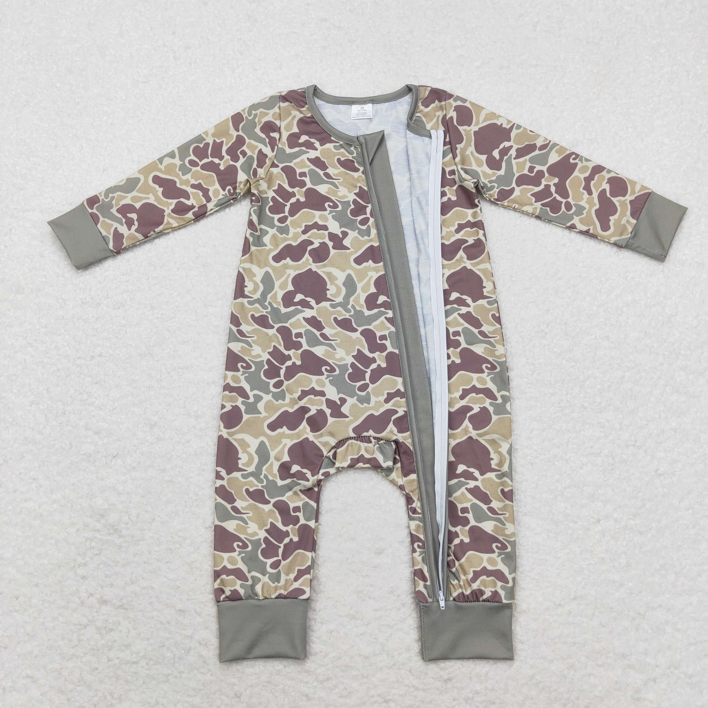 Baby Boys Green Camo Long Sleeve Zipper Bamboo Romper