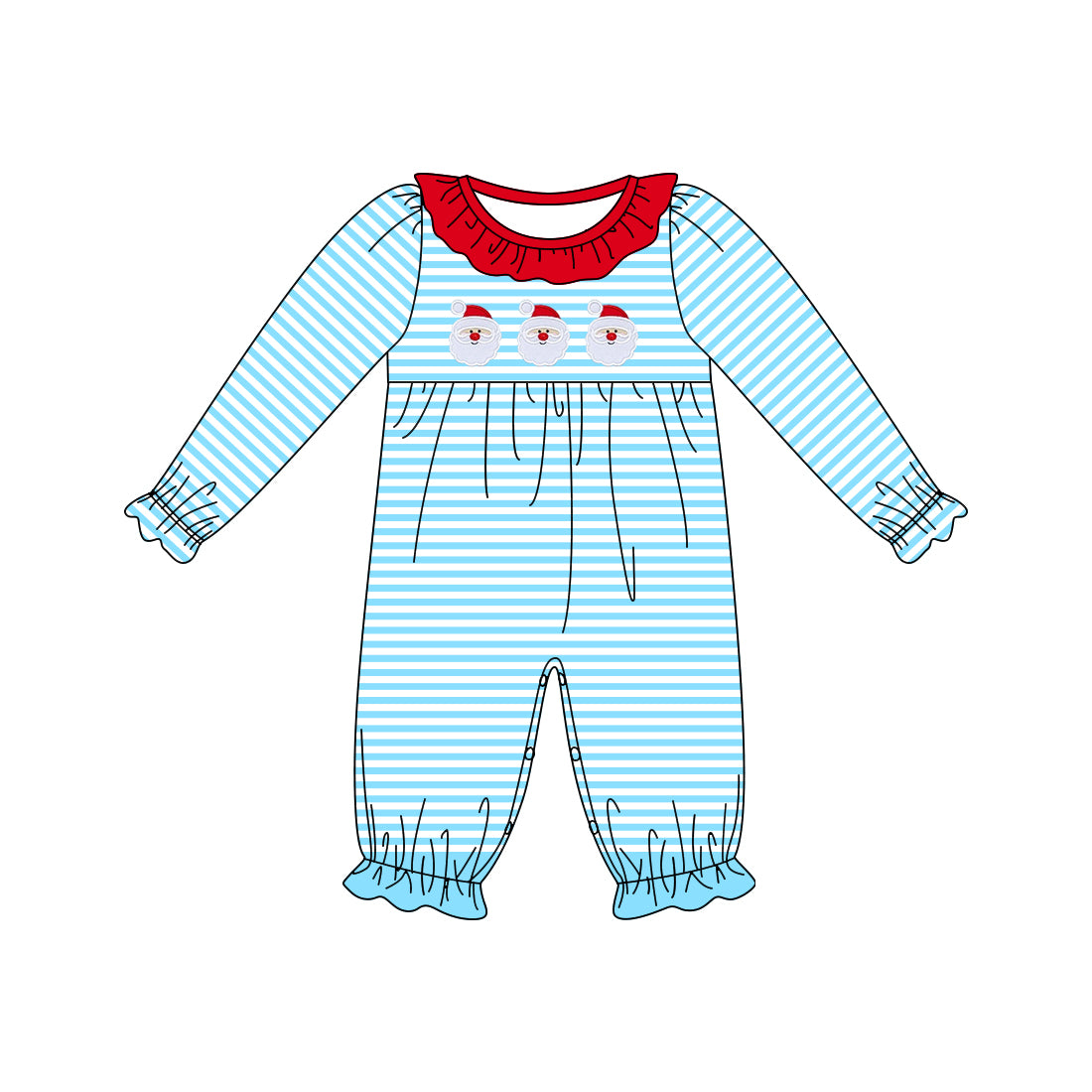 LR1474 Baby Girls Christmas Santa Blue Striped Long Sleeve Romper Preorder
