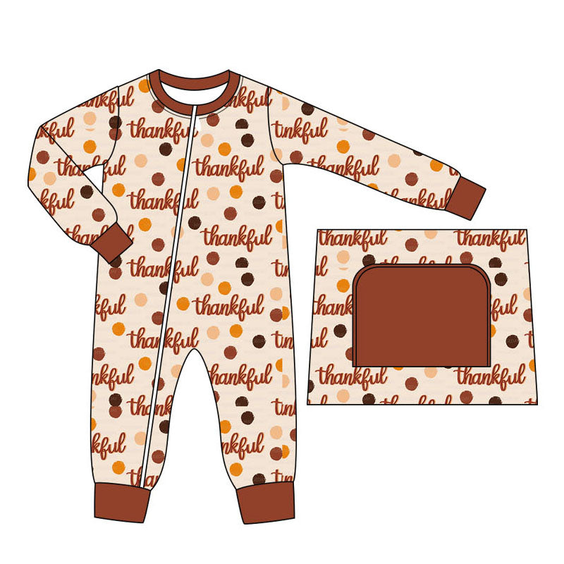 LR1596 Baby Boys Thankful Zip Romper Long Sleeve