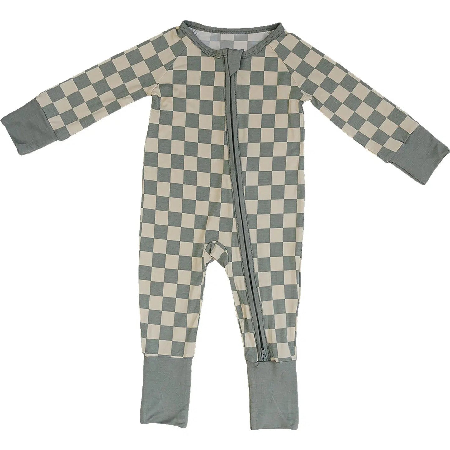 LR1602 Newborn Baby Boys Green Checker Long Sleeve Zip Romper Pre-order