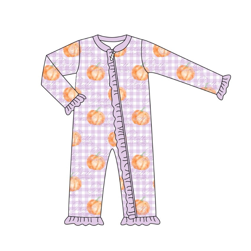 LR1610 Newborn Baby Girls Halloween Pumpkin Purple Checker Romper Pre-order