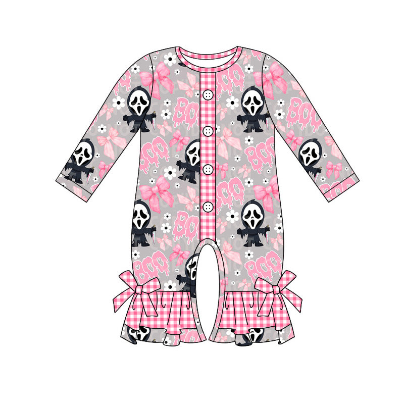 LR1762 Newborn Baby Girl Halloween Boo Bow Long Sleeve Romper Pre-order