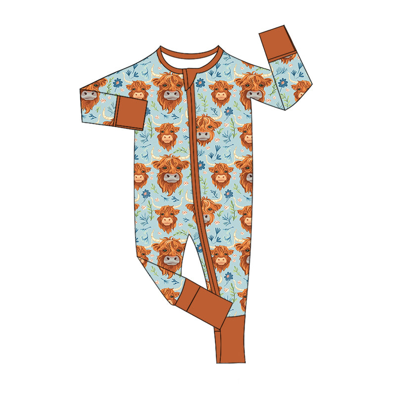 Newborn Baby Girls Highland Cow Zip Romper Preorder