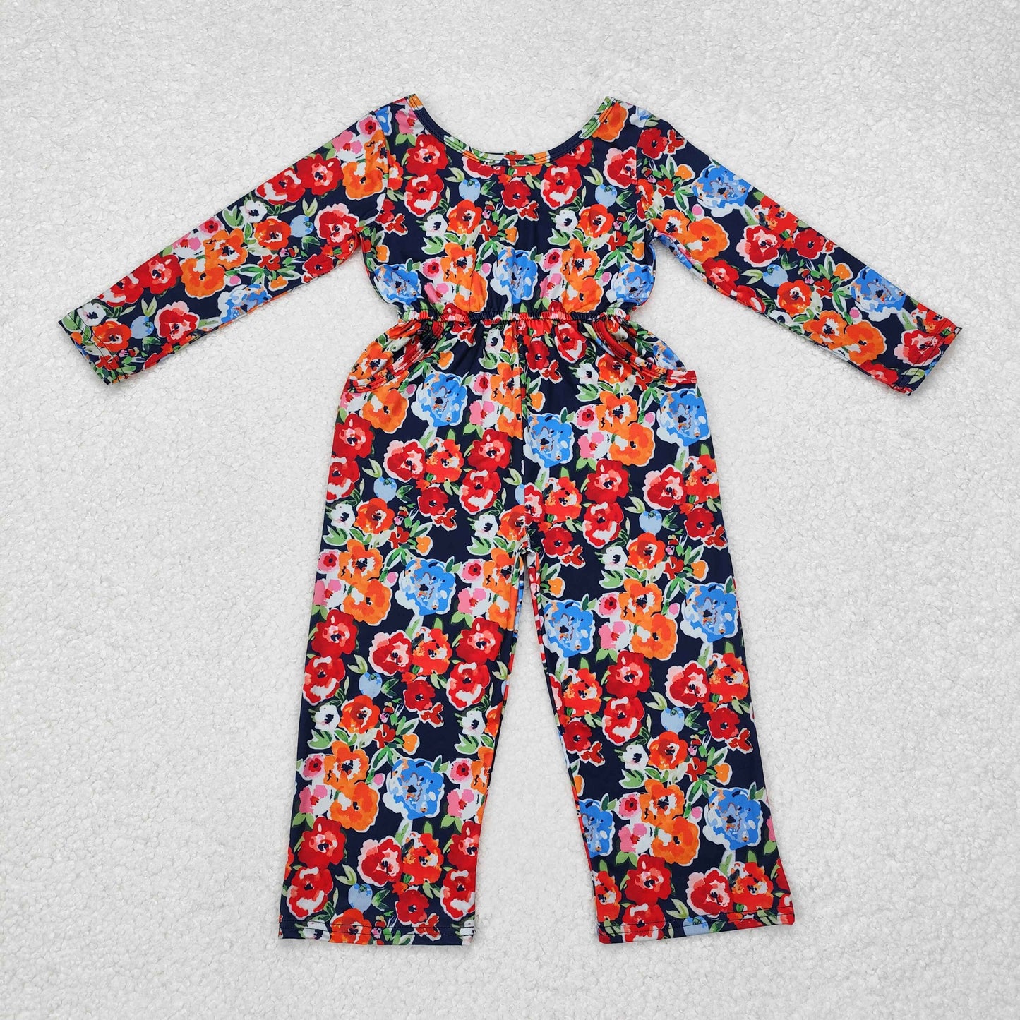 Baby Girls Red Orange Floral Long Sleeve Jumpsuit