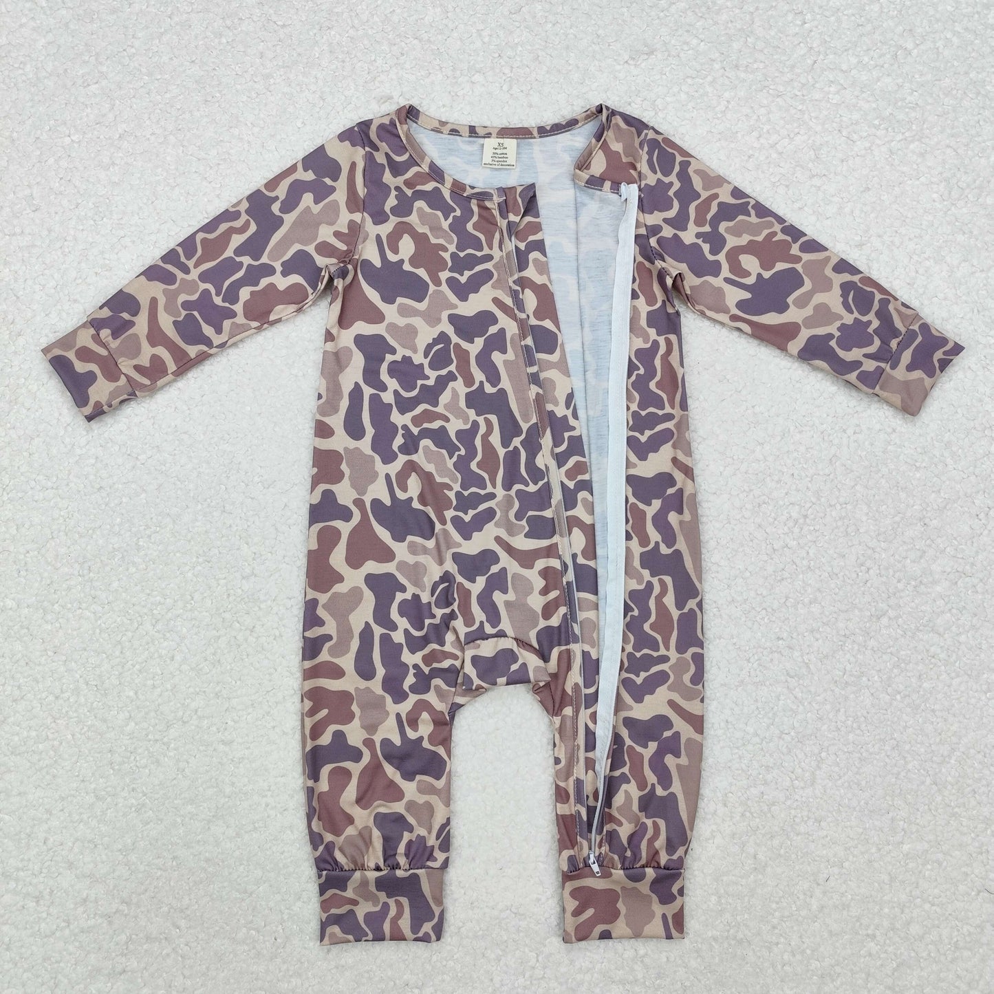 Newborn Baby Boys Ligth Brown Camo Long Sleeve Bamboo Zipper Romper