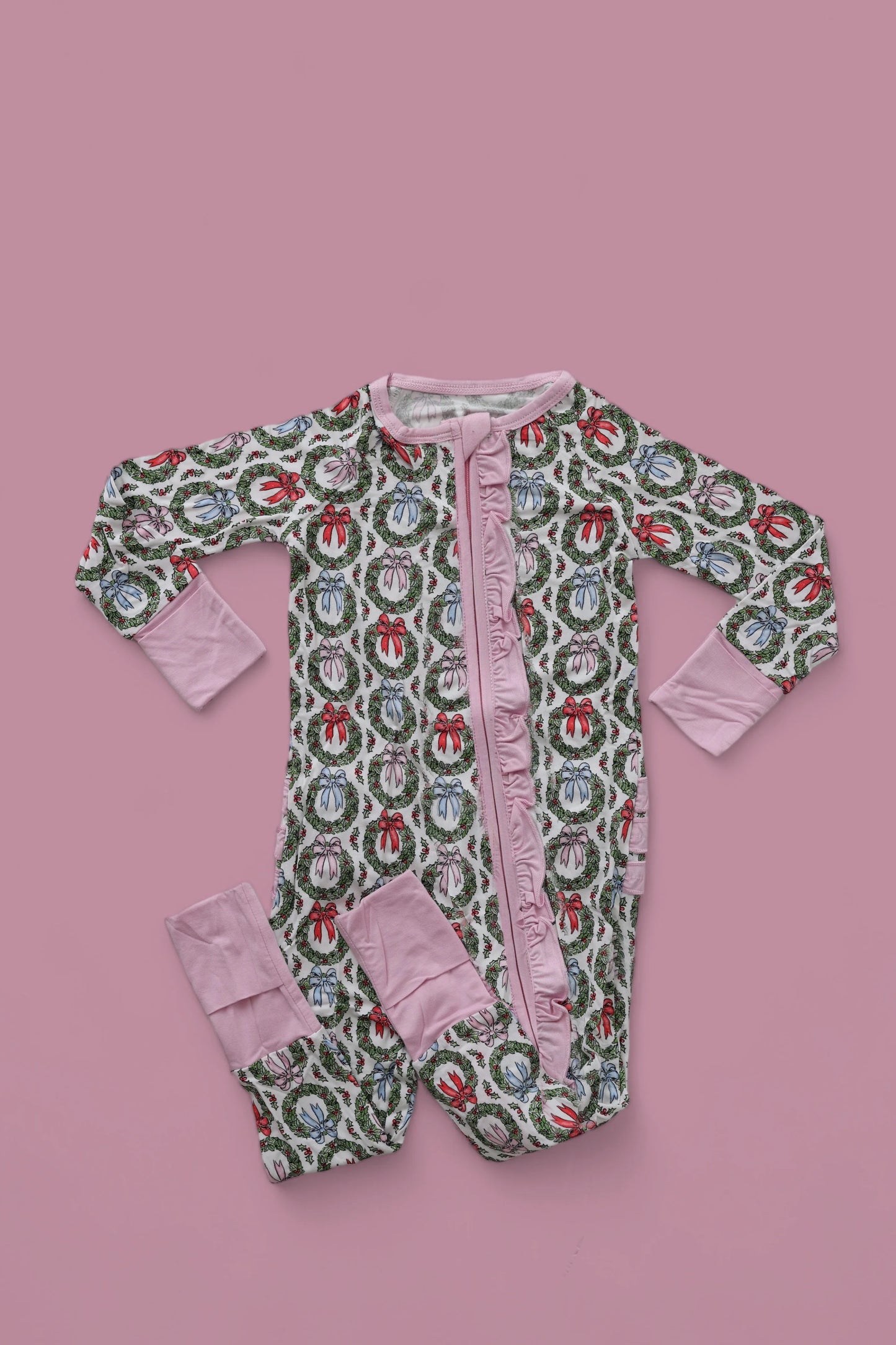 LR2059 Newborn Baby Girls Christmas Holly Ruffle Zipper Romper Preorder
