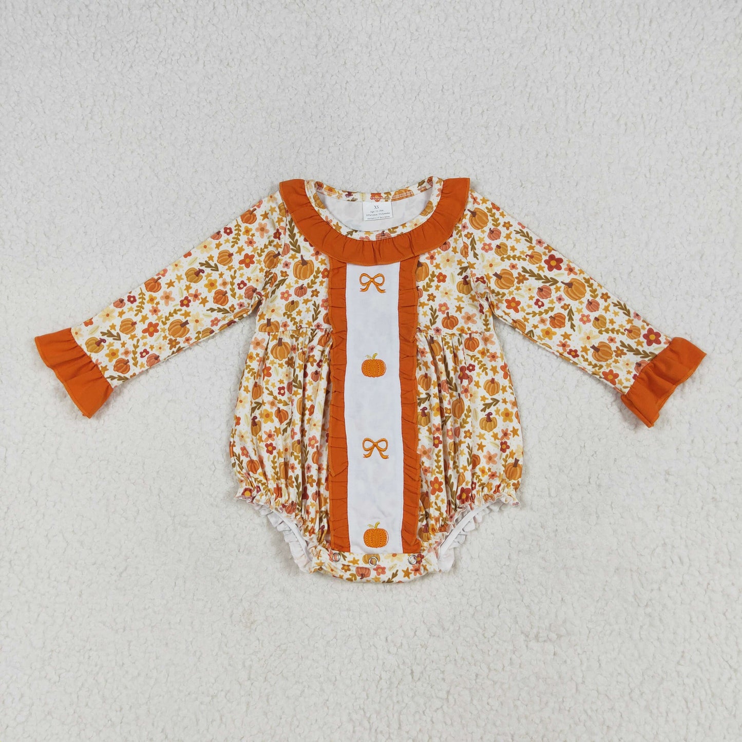 Sibling Embroidery Baby Girls Fall Bows Pumpkins Tunic Pants Set Knee Length Dress Rompers
