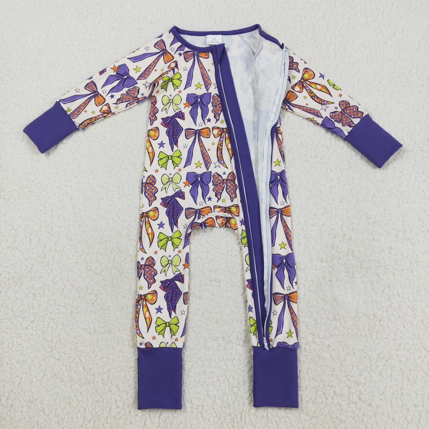 LR2403 Baby Girls Purple Bow Long Sleeve Zippy Romper