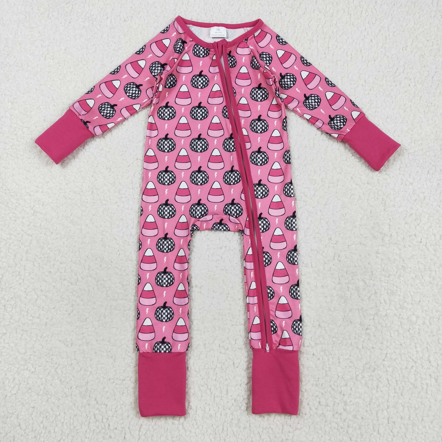 LR2467 Baby Girls Pumpkin Candy Corn Pink Long Sleeve Zippy Footed Romper