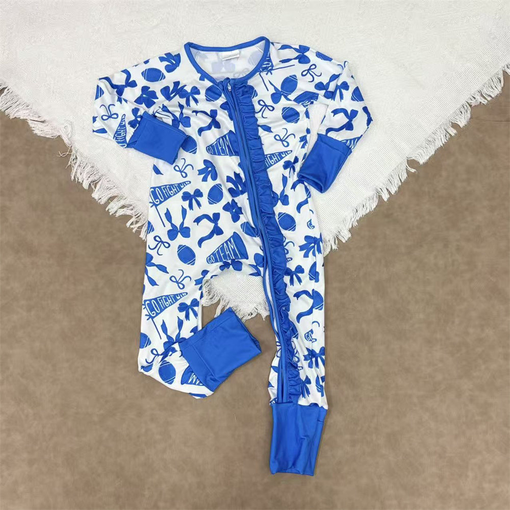 Baby Girls Sister Football Team Long Sleeve Zipper Footed Romper