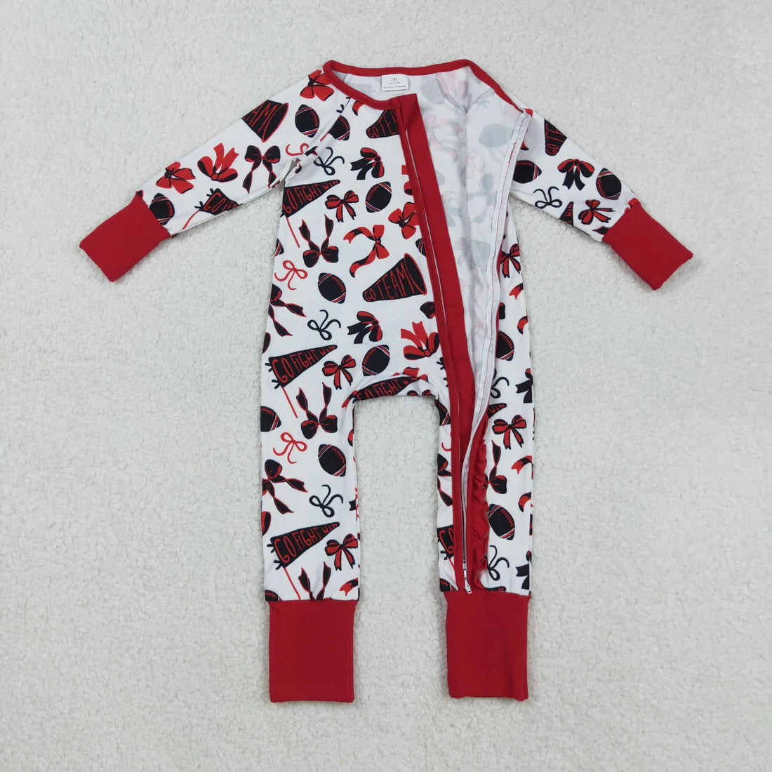 Sibling Baby Girls Long Sleeves Bows Footballs Go Team Ruffle Zipper Footie Rompers