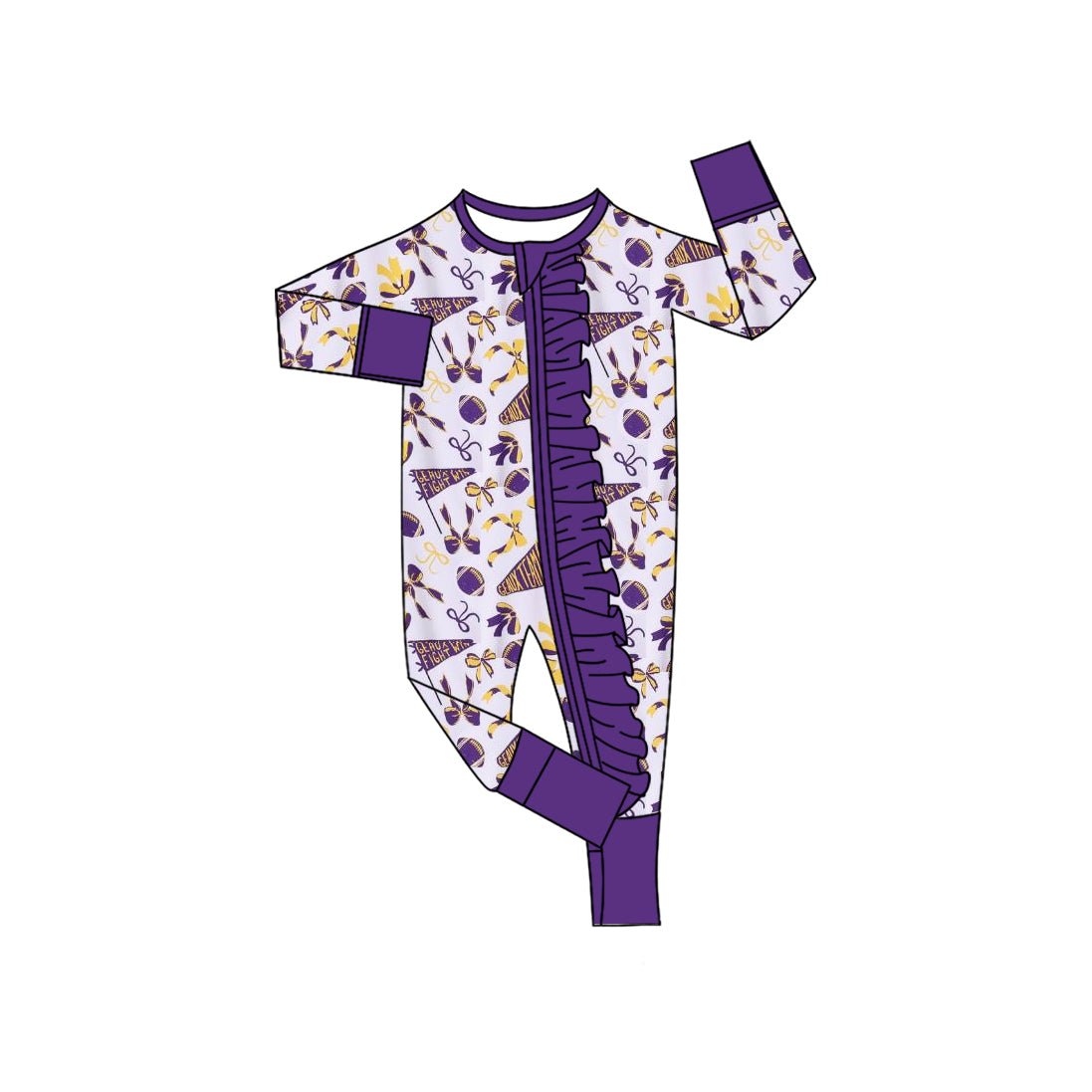 LR2513 baby girls football team purple zippy romper preorder