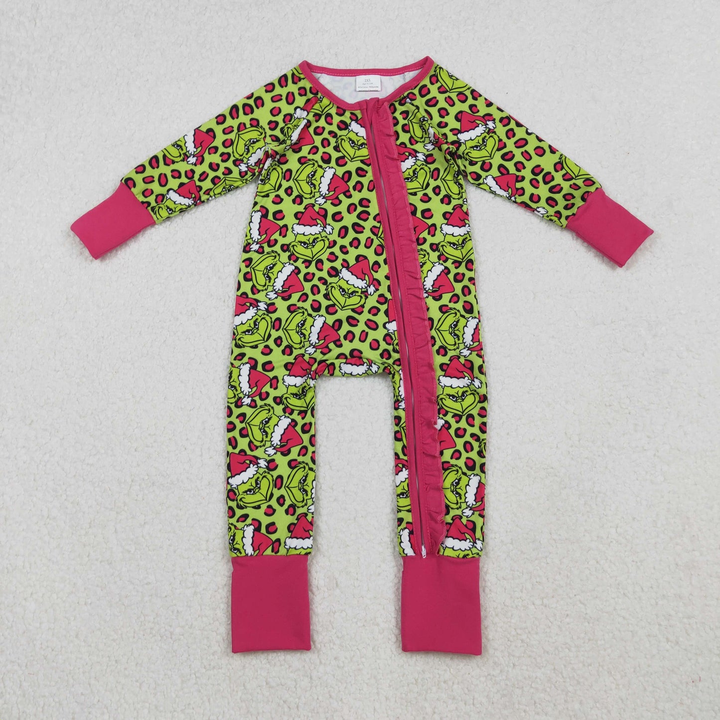 LR2520 Baby Girls Christmas Green Face Long Sleeve Footie Zippy Romper