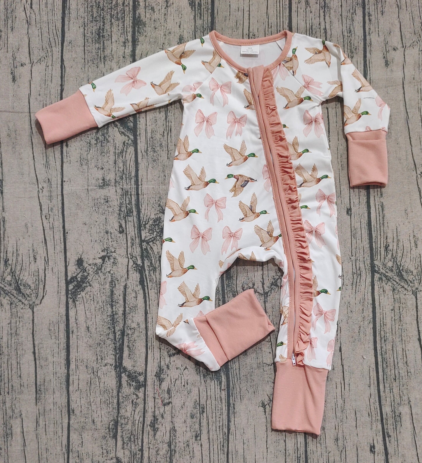 Baby Girls Mallard Pink Bow Long Sleeve Zip Romper