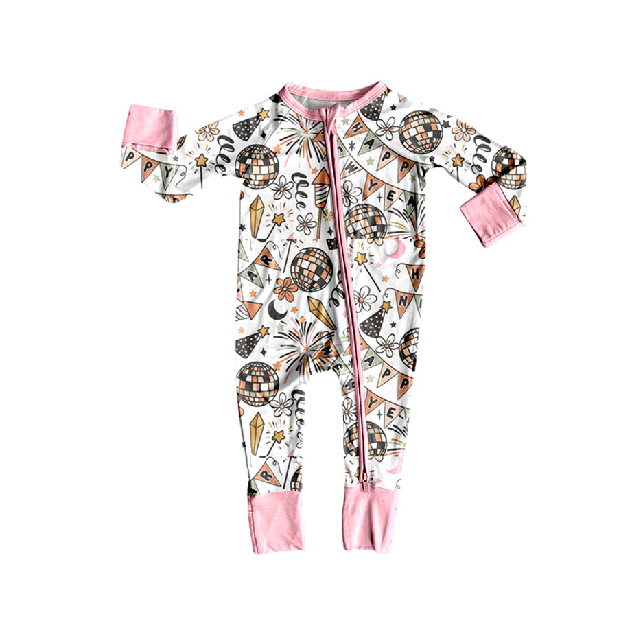 LR2612 Baby Girls Happy New Year Long Sleeve Footed Romper With Zippy Preorder