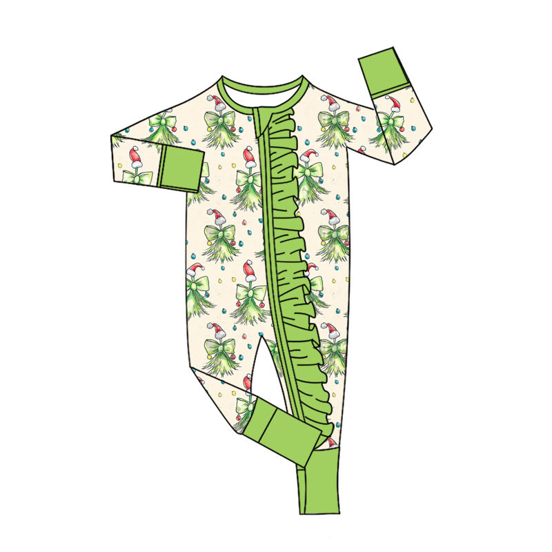 LR2621Baby Girls Christmas Green Bow Long Sleeve Footied Romper With Zippy Preorder