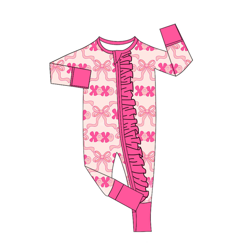 LR2653 Baby Girls Trellis Bow XOXO Long Sleeve Zippy Romper Preorder