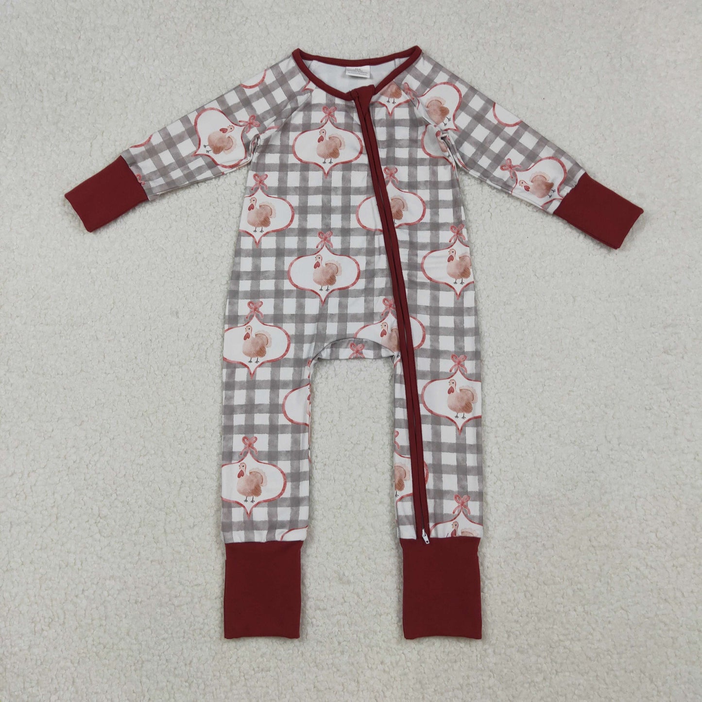 Sibling Baby Girls Turkey Grey Gingham Long Sleeve Pajama Set/Romper